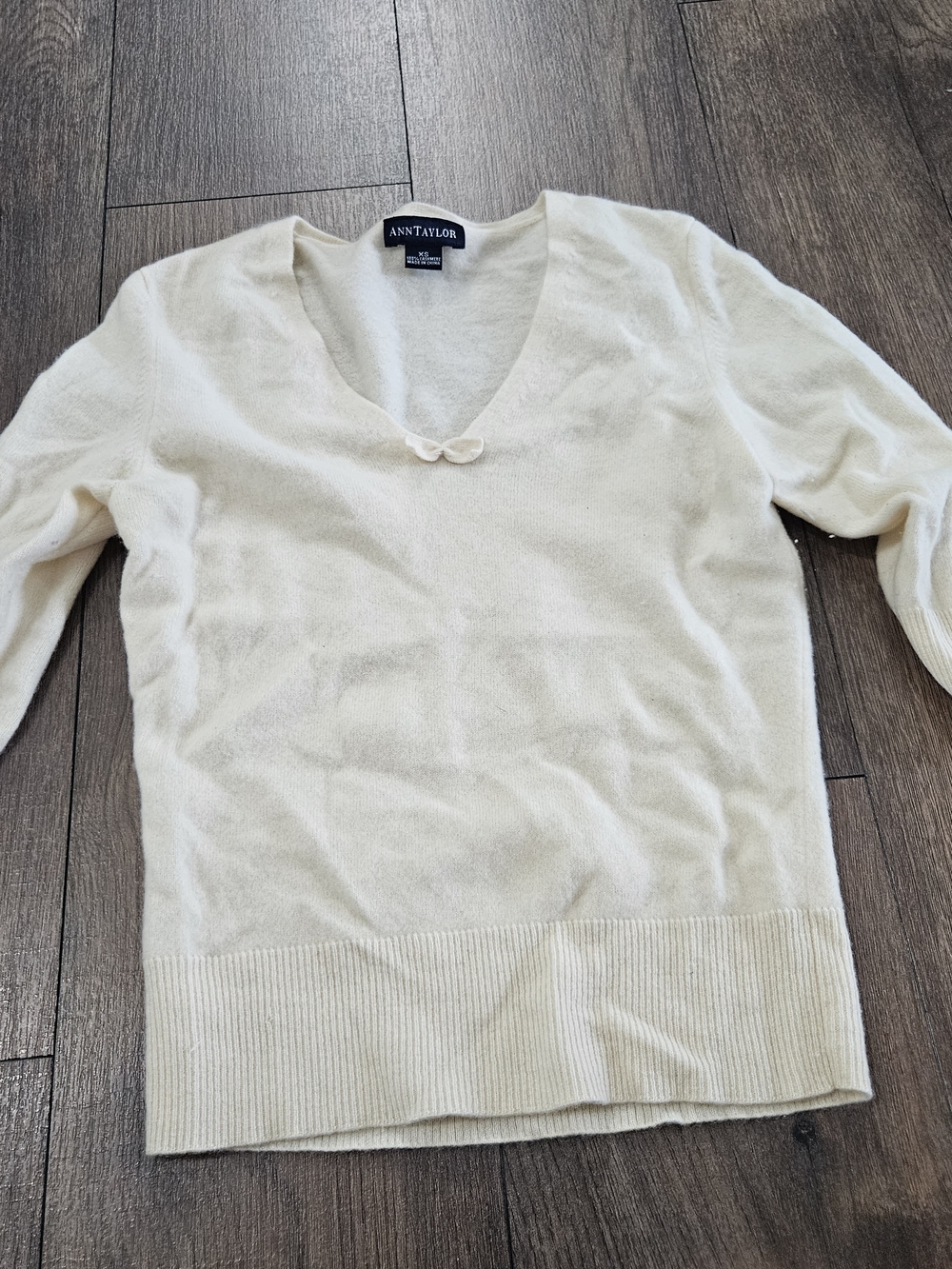 Ann Taylor Cream V-Neck Bow Detail Sweater
